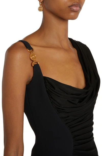 Shop Versace Medusa Gathered Asymmetric Jersey Minidress In Black