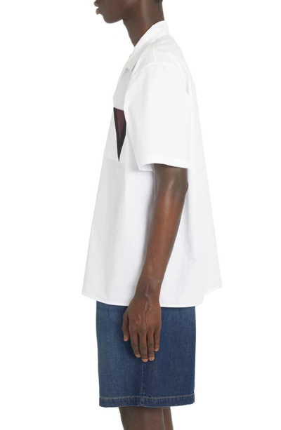 Shop Valentino Logo Patch Cotton Poplin Camp Shirt In Bianco/ Nero/ Bordeaux