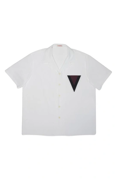 Shop Valentino Logo Patch Cotton Poplin Camp Shirt In Bianco/ Nero/ Bordeaux