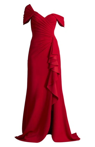 Shop Tadashi Shoji Pleated One Shoulder Crepe Gown In Scarlet