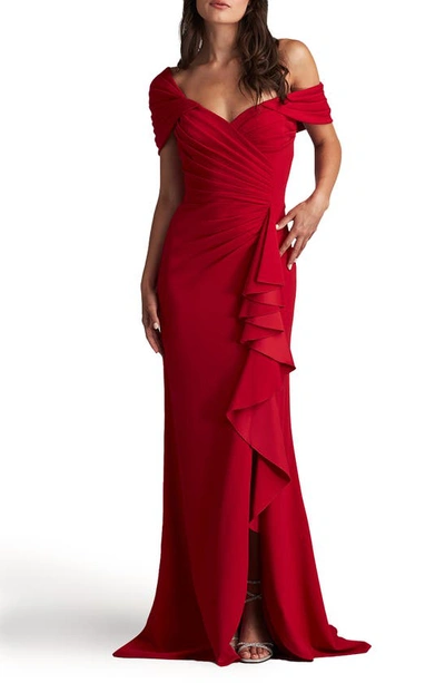 Shop Tadashi Shoji Pleated One Shoulder Crepe Gown In Scarlet