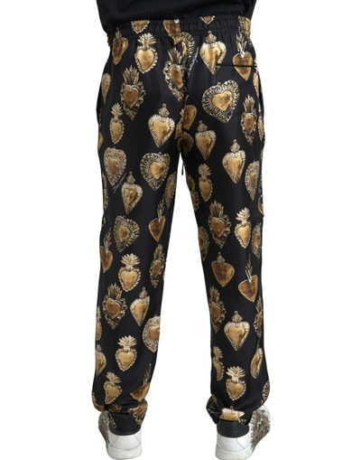 Shop Dolce & Gabbana Black Heart Print Silk Men Jogger Men's Pants