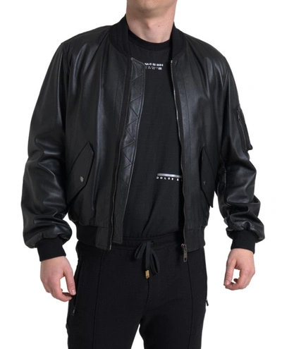 Shop Dolce & Gabbana Elegant Black Leather Bomber Men's Jacket
