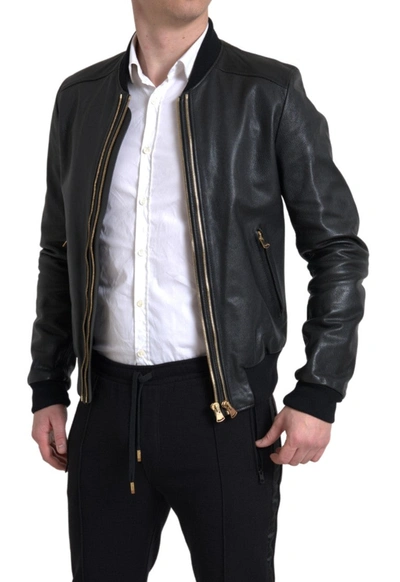 Shop Dolce & Gabbana Elegant Black Leather Biker Men's Jacket