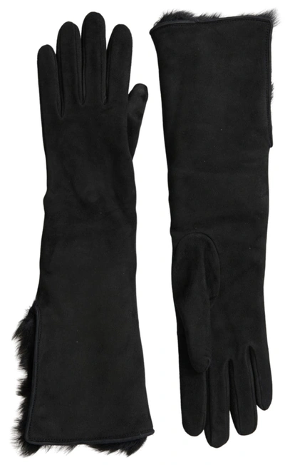 Shop Dolce & Gabbana Elegant Leather Elbow Length Gloves With Fur Men's Trim In Black