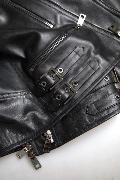 Shop Dolce & Gabbana Sleek Black Leather Biker Men's Jacket