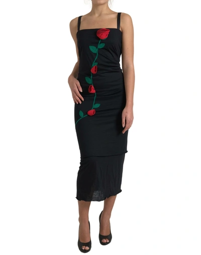 Shop Dolce & Gabbana Elegant Wool Sheath Dress With Rose Women's Applique In Black