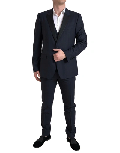 Shop Dolce & Gabbana Elegant Blue &amp; Black Martini Slim Fit Men's Suit In Black And Blue