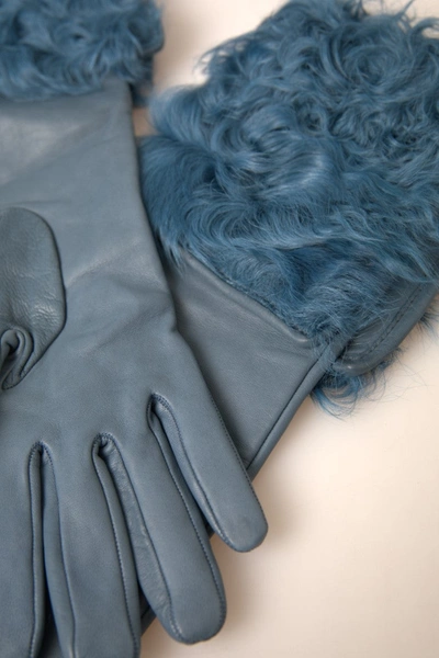 Shop Dolce & Gabbana Elegant Blue Leather Gloves With Fur Women's Trim