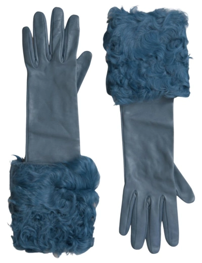 Shop Dolce & Gabbana Elegant Blue Leather Gloves With Fur Women's Trim