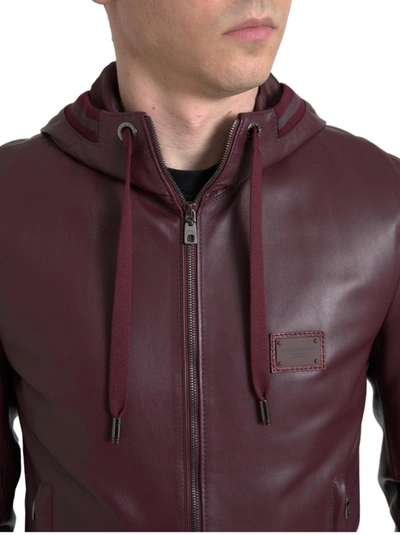Shop Dolce & Gabbana Elegant Bordeaux Leather Hooded Men's Jacket