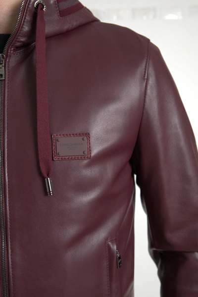 Shop Dolce & Gabbana Elegant Bordeaux Leather Hooded Men's Jacket