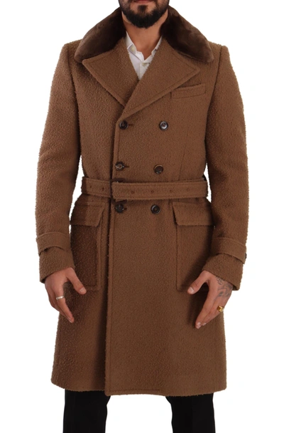 Shop Dolce & Gabbana Brown Wool Long Double Breasted Overcoat Men's Jacket