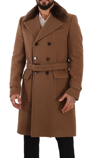 Shop Dolce & Gabbana Brown Wool Long Double Breasted Overcoat Men's Jacket