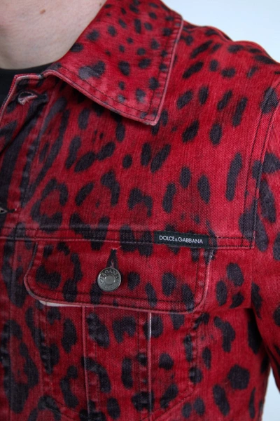 Shop Dolce & Gabbana Vibrant Red Leopard Print Denim Men's Jacket