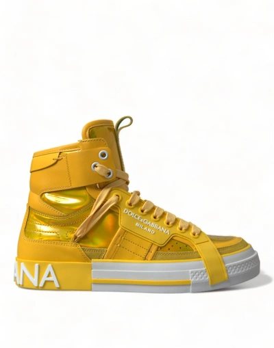Shop Dolce & Gabbana Yellow White Leather High Top Sneakers Women's Shoes