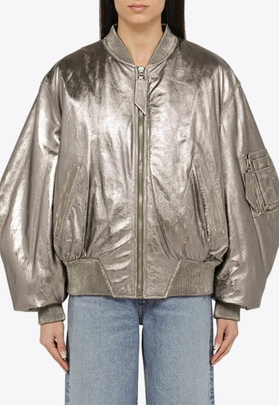 Shop Attico Anya Metallic Leather Bomber Jacket In Silver