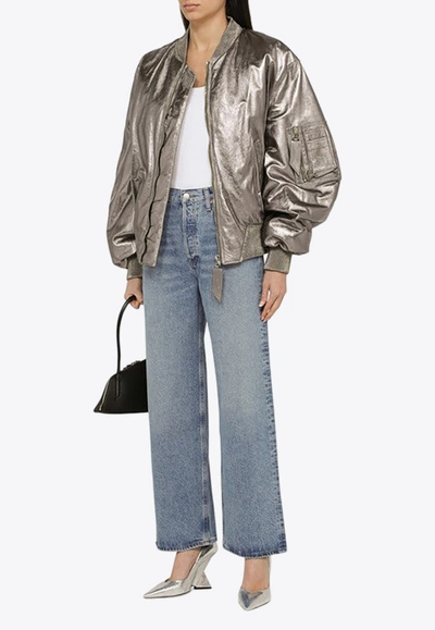 Shop Attico Anya Metallic Leather Bomber Jacket In Silver
