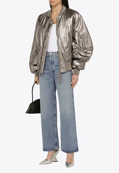 Attico Mirror-like Leather Anja Bomber With Vintage Effect In Silver