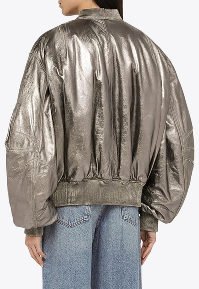 Shop Attico Anya Metallic Leather Bomber Jacket In Silver