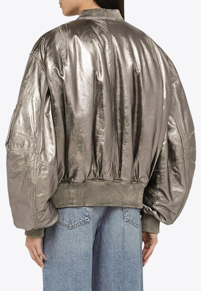Attico Mirror-like Leather Anja Bomber With Vintage Effect In Silver