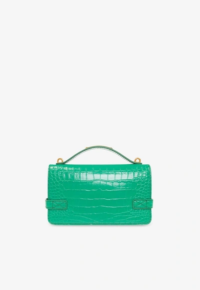 Shop Balmain B-buzz 24 Croc-embossed Leather Shoulder Bag In Green