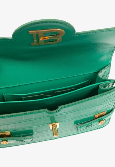 Shop Balmain B-buzz 24 Croc-embossed Leather Shoulder Bag In Green