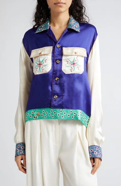 Shop Bode Daisy Never Tell Silk Satin Jacket In Purple Multi
