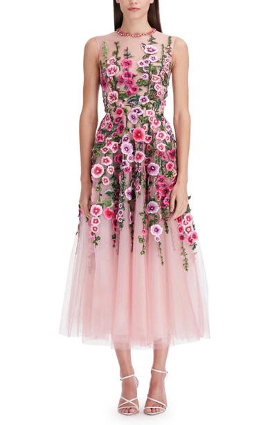 Shop Oscar De La Renta Hollyhock Embroidered Sleeveless Chiffon Cocktail Dress In Dark Rose Multi