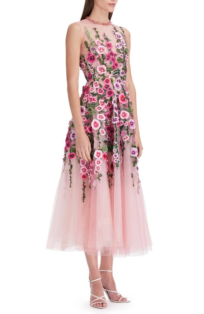 Shop Oscar De La Renta Hollyhock Embroidered Sleeveless Chiffon Cocktail Dress In Dark Rose Multi