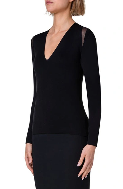 Shop Akris Mesh Detail Stretch Silk Sweater In Black