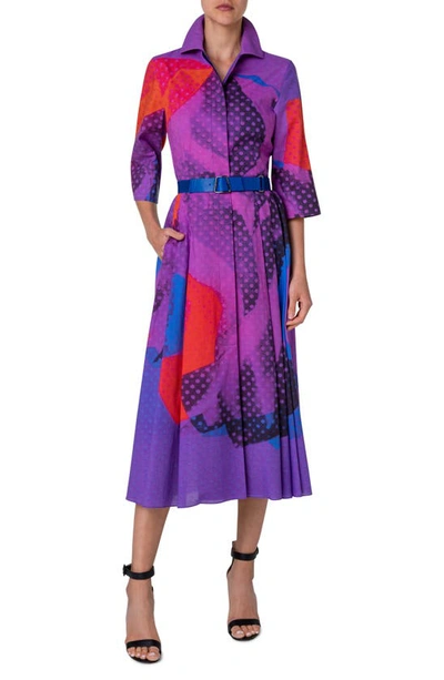 Shop Akris Print Belted Wool & Silk Midi Shirtdress In Purple-multicolor