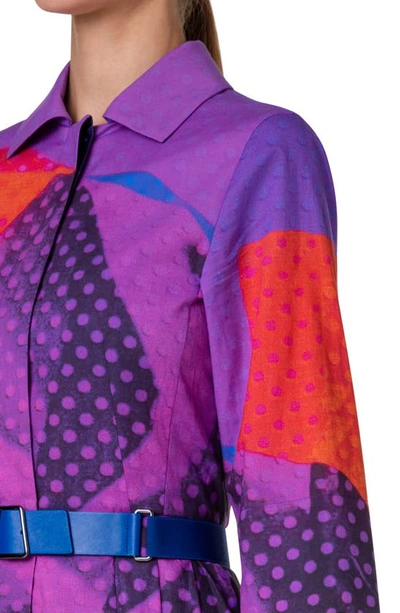 Shop Akris Print Belted Wool & Silk Midi Shirtdress In Purple-multicolor