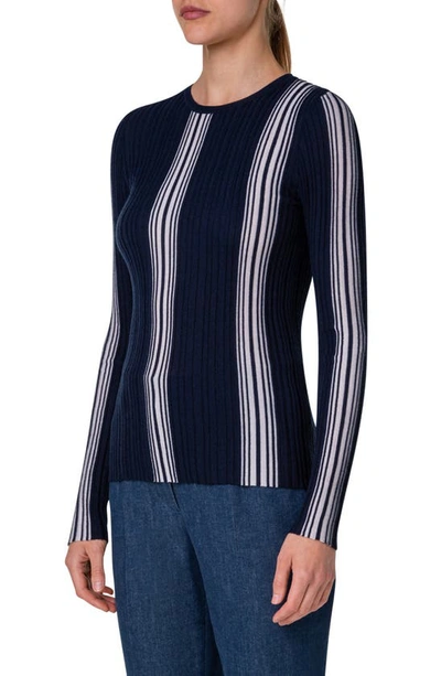 Shop Akris Stripe Virgin Wool & Silk Rib Sweater In 713 Navy-greige