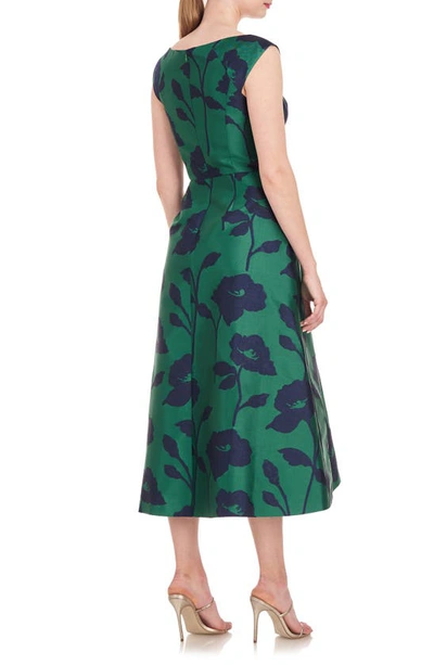 Shop Kay Unger Jenni Floral Jacquard A-line Dress In Emerald/ Navy