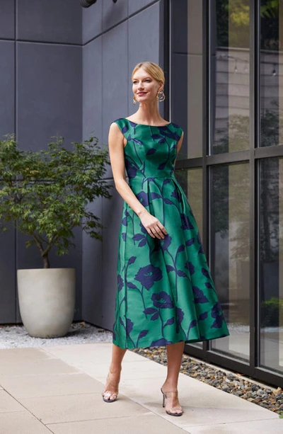 Shop Kay Unger Jenni Floral Jacquard A-line Dress In Emerald/ Navy