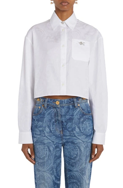 Shop Versace Barocco Jacquard Crop Cotton Poplin Button-up Shirt In Optical White