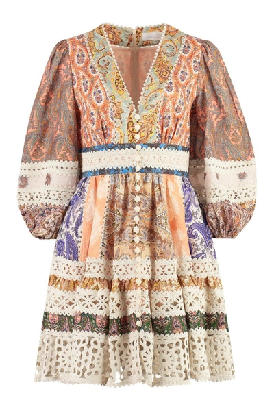 Shop Zimmermann Devi Spliced ​​billow Linen Mini Dress In Multicolor