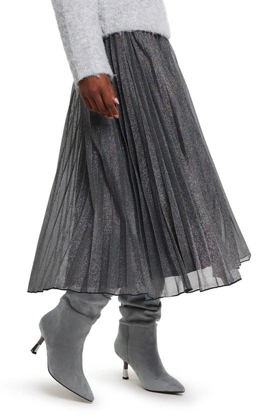 Shop River Island Metallic Plissé Midi Skirt In Silver