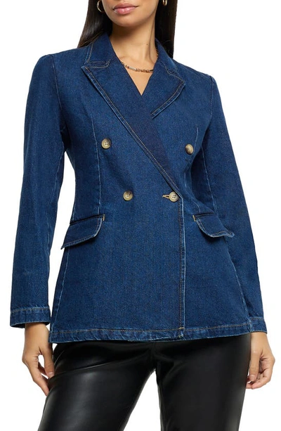 Shop River Island Fitted Double Breasted Denim Blazer
