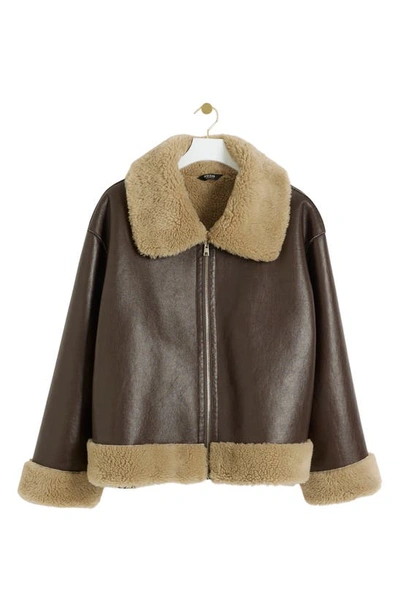 Shop River Island Faux Leather & Faux Shearling Reversible Aviator Jacket In Brown