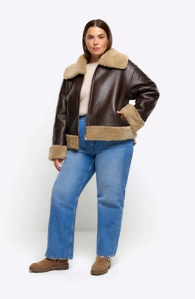 Shop River Island Faux Leather & Faux Shearling Reversible Aviator Jacket In Brown