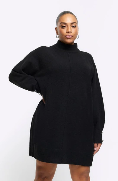 Shop River Island Cosy Button Detail Long Sleeve Sweater Dress In Black