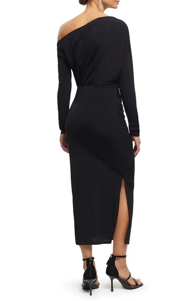 Shop River Island Drape One-shoulder Midi Dress In Black