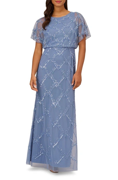 Adrianna Papell Beaded Flutter Sleeve Sheath Gown In French Blue | ModeSens