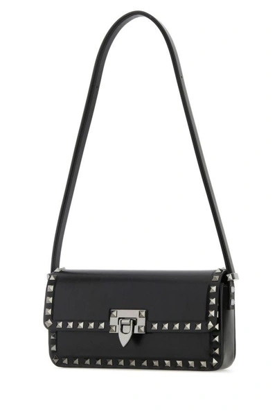 Shop Valentino Garavani Woman Black Leather Rockstud Shoulder Bag