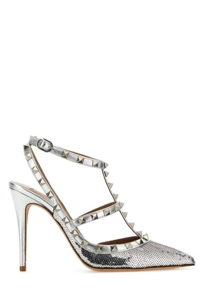 Shop Valentino Garavani Woman Embellished Leather Rockstud Pumps In Silver