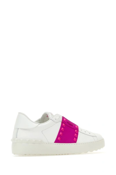 Shop Valentino Garavani Woman White Leather Rockstud Untitled Sneakers With Pink Pp Band