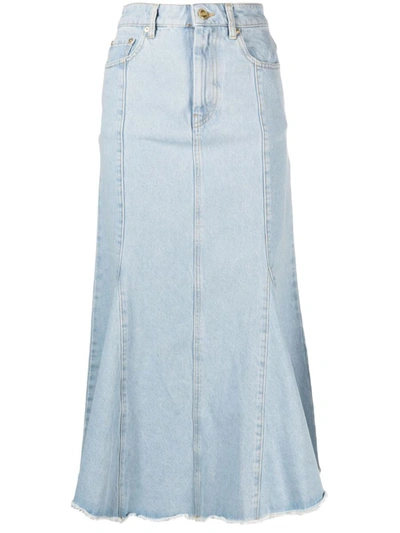 Shop Ganni Bleach Denim Peplum Midi Skirt Clothing In Blue