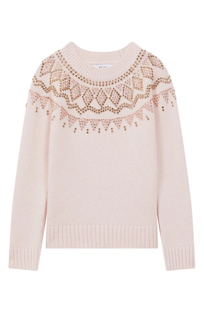Shop Reiss Kids' Bella Jr. Fair Isle Embellished Crewneck Sweater In Soft Pink
